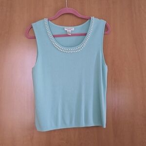 Elegant Pearl-Embellished Blue Sleeveless Top